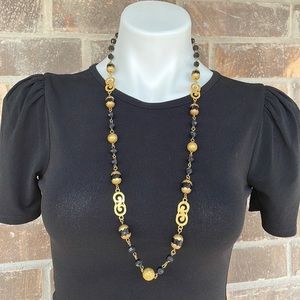Graceful Two Tone 32” Gold Tone & Faceted Black Beaded Necklace